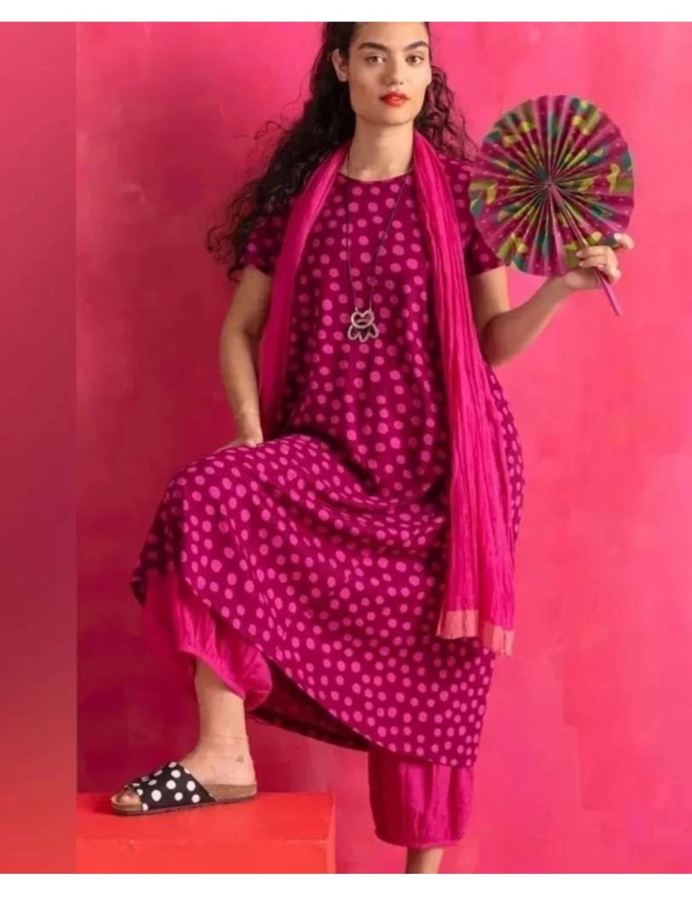 Gudrun Sjoden Cordelia Polka Dot Jersey Maxi Dress Sz Med Pink Fuchsia Lagenlook